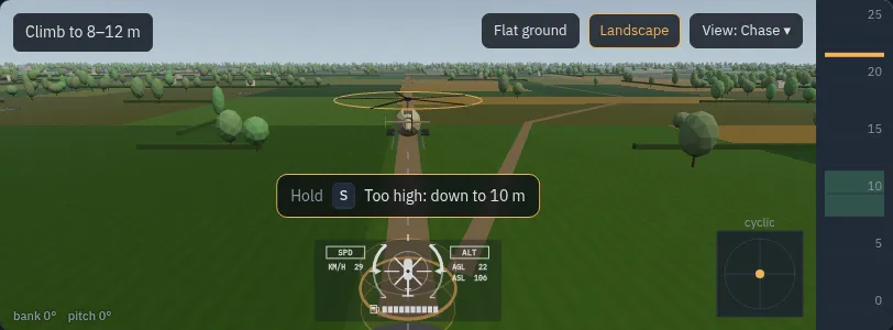 A helicopter practising a steady hover over the training pad in Wardogs Flight Sim